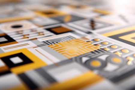 Abstract geometric pattern with yellow and gray elements.の写真素材
