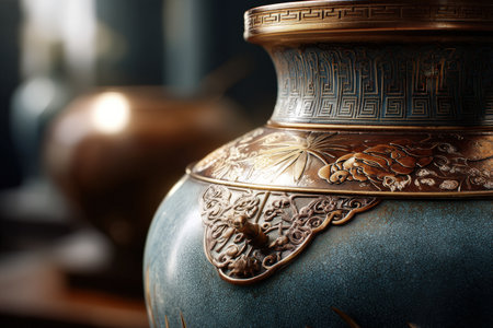Intricate ancient bronze vase with ornate carvings and blue patina highlighting craftsmanship.の写真素材