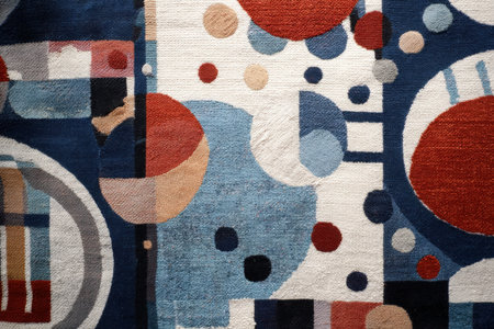 Abstract geometric pattern with circles and rectangles in red, blue, and beige.の写真素材