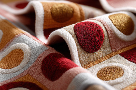 Colorful geometric textile with red and gold circular patterns on fabric.の写真素材