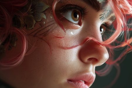 Intense gaze of young female with artistic facial paint and red hair close-up.の写真素材