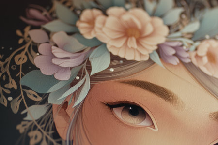 Floral adornment on woman's head with intricate detail.の写真素材