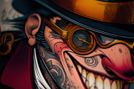 Vibrant cartoon character with golden goggles and intricate tattoos.の写真素材