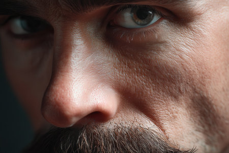 Close-up of mature caucasian male face highlighting skin texture and eye detail.の写真素材
