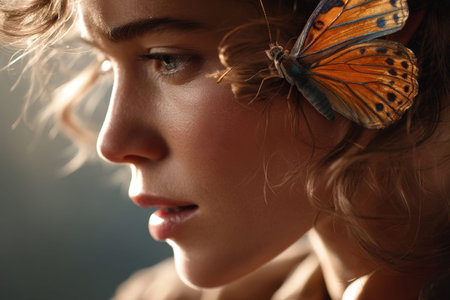 Young caucasian female with butterfly close-up, nature and beauty concept.