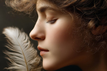 Young caucasian female with delicate feather and curly hair in profile.の写真素材