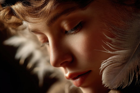 Close-up of young caucasian female with feather detail and soft lighting.の写真素材