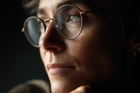 Thoughtful caucasian female adult with glasses in contemplative mood.の写真素材