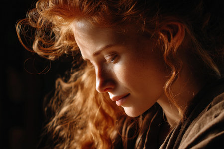 Young caucasian female with red curly hair in thoughtful profile view.の写真素材