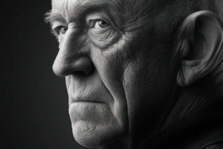 Intense portrait of elderly caucasian male in black and white.の写真素材