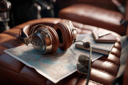 Vintage headphones on map with sunglasses travel essentials.の写真素材