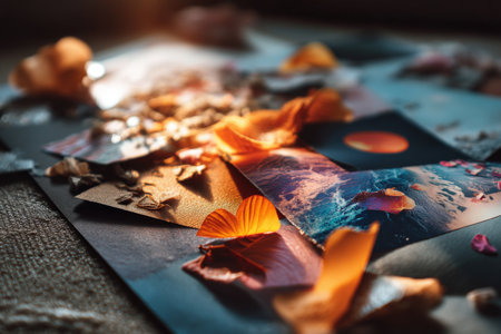 Vibrant orange petals and ocean-themed photos illuminated by warm light.の写真素材