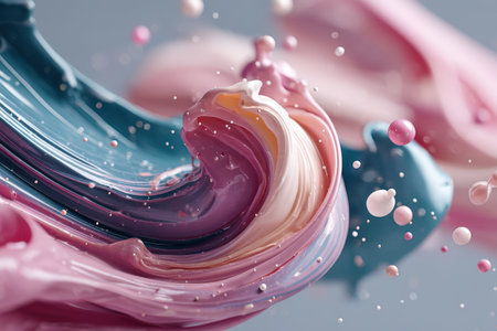 Dynamic swirls of vibrant pink and bluish paint with floating splashes.の写真素材