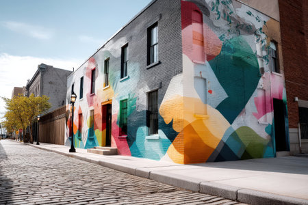 Vibrant abstract mural on urban building with cobblestone street and blue sky.の写真素材