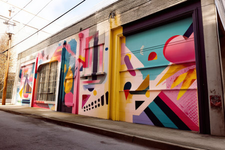 Vibrant urban street art on building facade with bold geometric patterns.の写真素材