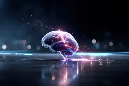 Futuristic digital brain with neon lights and circuit connections in dark background.