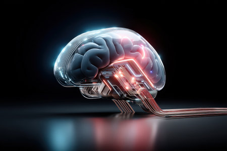 Futuristic transparent brain with glowing circuitry and wires in a dark setting.の写真素材