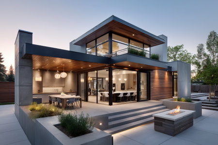 Modern luxury home exterior with outdoor dining area and fire pit at dusk.の写真素材
