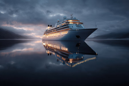 Majestic cruise ship at sunrise in serene ocean with reflective waters.の写真素材