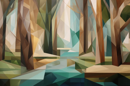 Geometric forest landscape with abstract trees and reflective pond.の写真素材