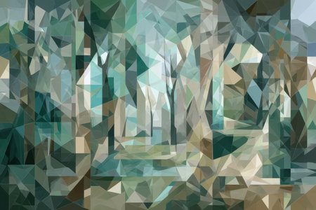 Abstract low-poly forest landscape with geometric shapes and earth tones.の写真素材