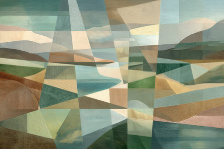 Abstract geometric landscape with mountains and sky in earth tones.の写真素材