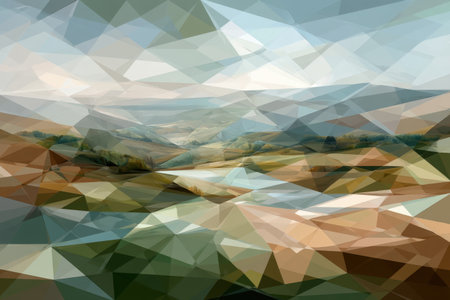 Abstract geometric landscape with rolling hills and sky in polygon style.の写真素材