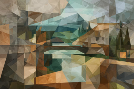 Abstract geometric landscape with mountains and trees in earth tones.の写真素材