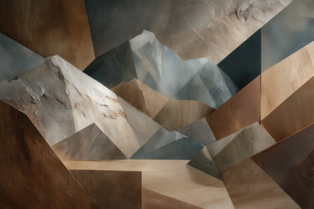 Abstract mountain landscape with geometric earth tones and textured surfaces.の写真素材