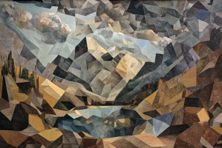 Abstract geometric landscape of mountains and lake under cloudy sky.の写真素材