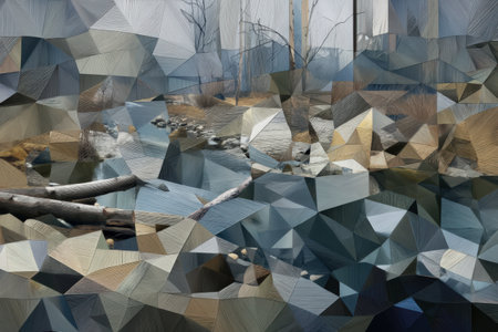 Abstract geometric art depicting a tranquil forest stream scene with logs and scattered rocks.の写真素材