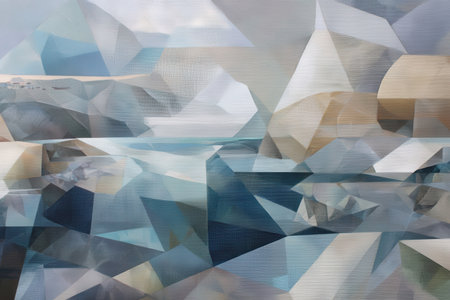 Abstract geometric landscape with faceted shapes and coastal scenery.の写真素材