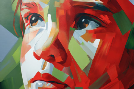 Abstract portrait of a young caucasian child with colorful geometric shapes.の写真素材