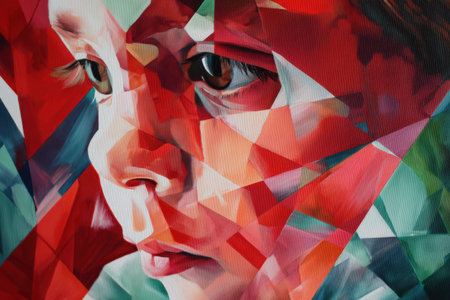 Abstract geometric portrait of caucasian child with vivid colors and sharp angles.の写真素材