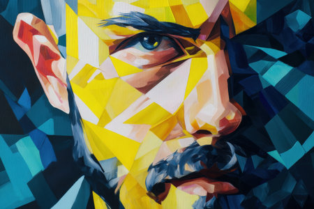 Geometric portrait of a young caucasian male with vibrant colors and abstract angles.の写真素材