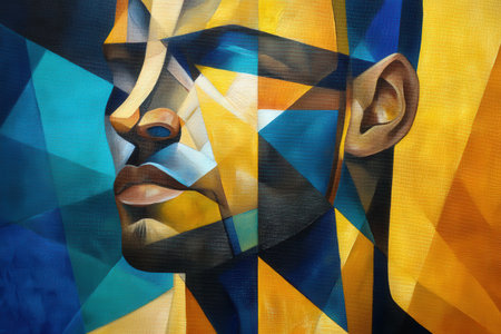 Abstract geometric portrait of a young male with vivid blue and yellow patterns.の写真素材