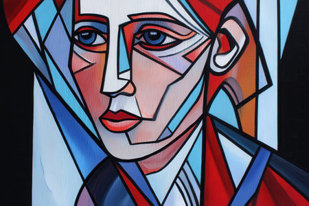 Colorful abstract cubist portrait of a female figure in geometric style.の写真素材