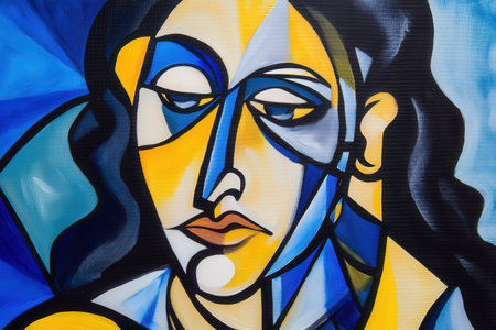 Abstract cubist portrait of a female with blue and yellow tones.の写真素材