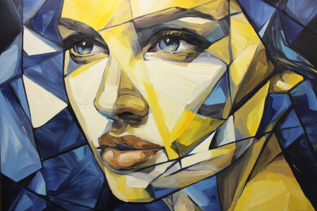 Abstract geometric portrait of female with blue and yellow color scheme.の写真素材