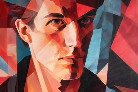 Abstract portrait of young caucasian male with geometric patterns in red and blue.の写真素材