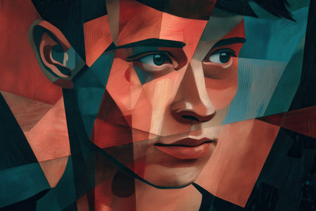 Abstract portrait of young caucasian male with geometric shapes and bold colors.の写真素材