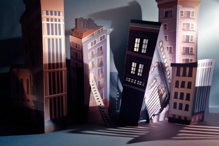 Paper model of abstract skewed city buildings with dramatic shadows.の写真素材