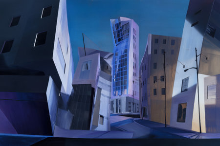 Abstract urban cityscape with futuristic architecture and distorted buildings in blue hues.の写真素材