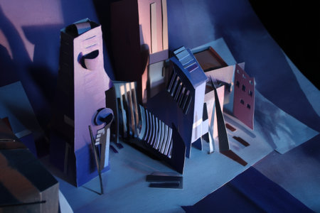 Abstract geometric structures in blue and purple tones with shadows.の写真素材