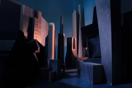 Abstract wooden cityscape with geometric shapes and dramatic lighting.の写真素材