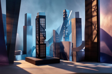 Futuristic cityscape with geometric skyscrapers and modern architecture.の写真素材