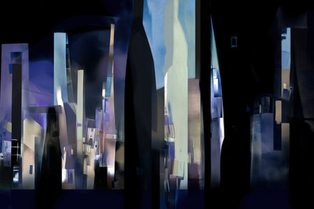 Abstract urban cityscape at night with geometric structures and blue tones.の写真素材