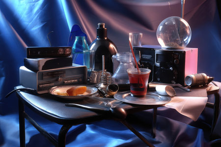 Futuristic still life with radio, glass objects, and vibrant lighting on metal tableの写真素材