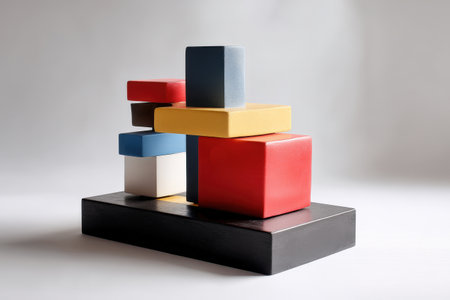 Colorful geometric blocks stacked on a black base against a neutral backgroundの写真素材