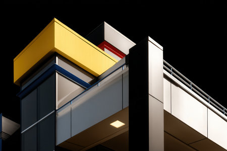 Modern geometric architecture at night with bold colors and sharp linesの写真素材
